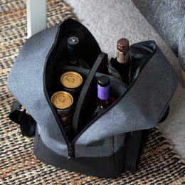 Beverage Bag premium bottle travel bag with structured 4-part divider interior and shoulder strap