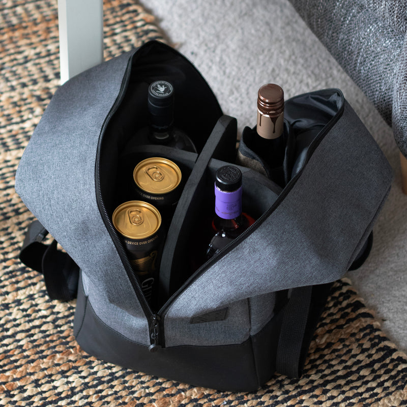 Beverage Bag containing wine and whisky bottles, designed for secure transport of drinks by Oak & Ember.