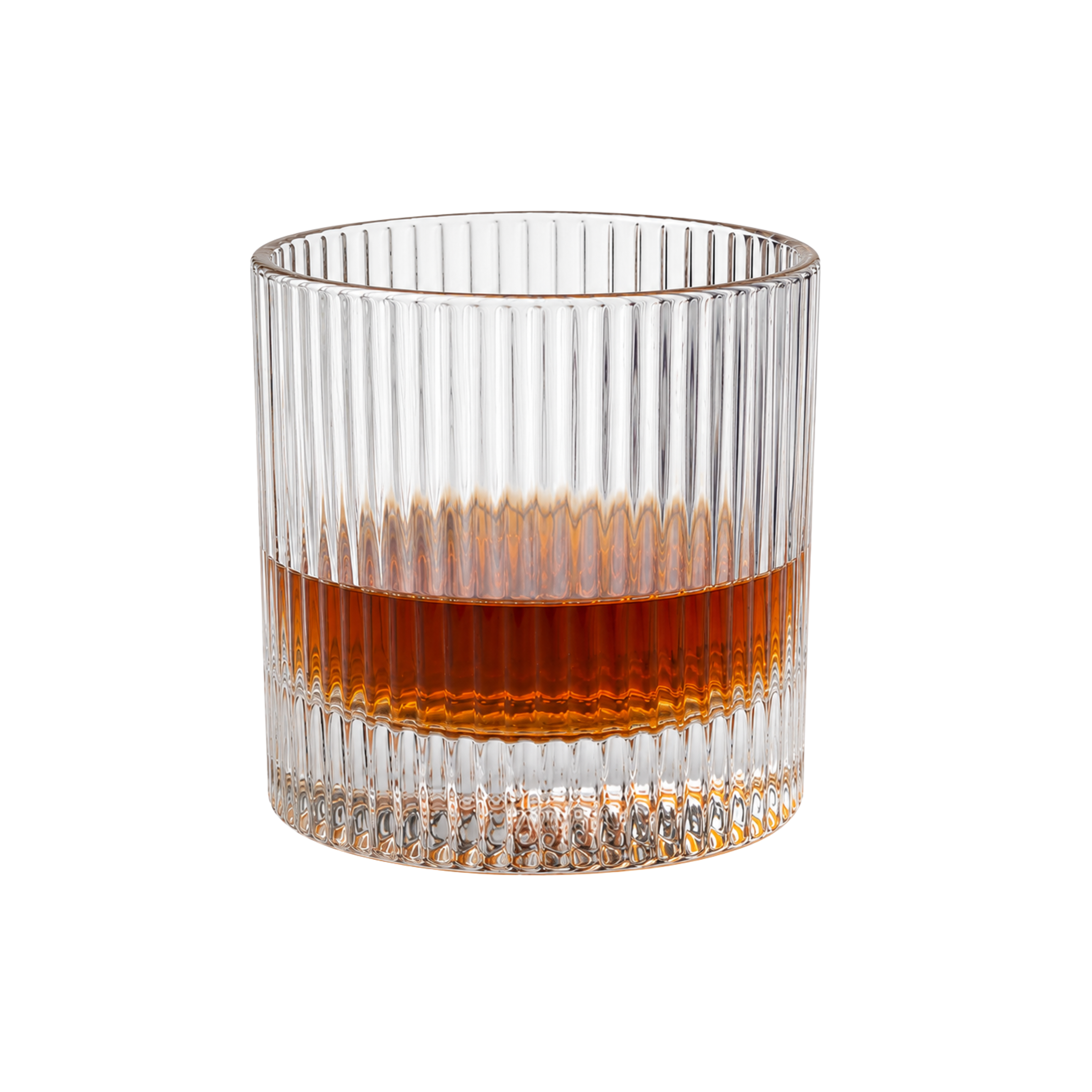 Premium ribbed heavy base whisky tumbler glass with whisky pour on a light background