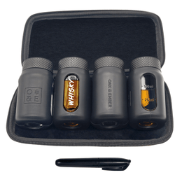 Flight Flask Traveller II whisky travel set open, showing four glass flasks in the case