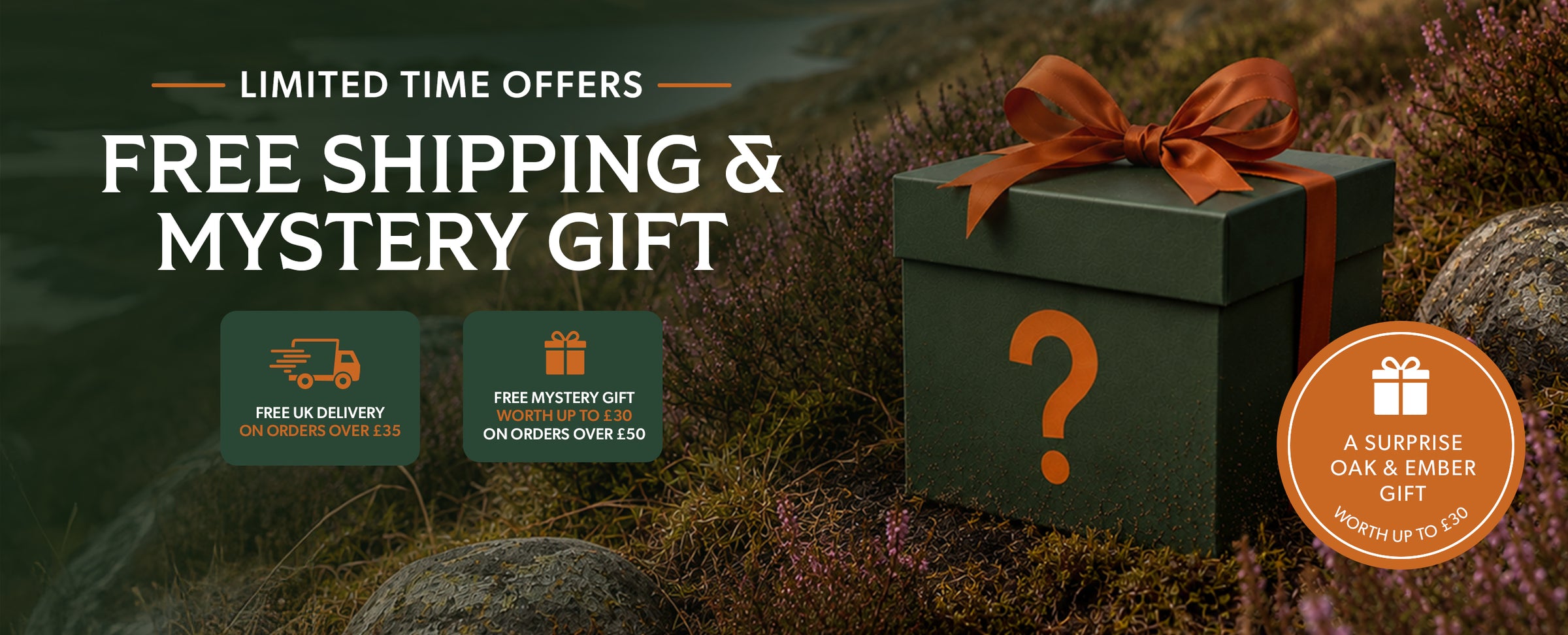 Promotional banner with free shipping and mystery gift offer on a natural background