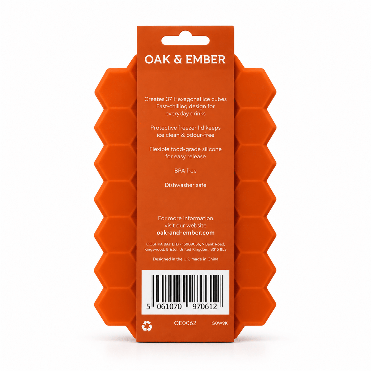 Back of the Oak & Ember hexagon ice cube tray packaging