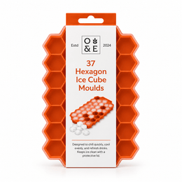Oak & Ember hexagon ice cube tray in Orange with packaging