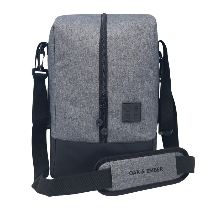 Beverage Bag Drinks Carrier by Oak & Ember for wine and whisky bottles, featuring a durable design and adjustable shoulder strap.